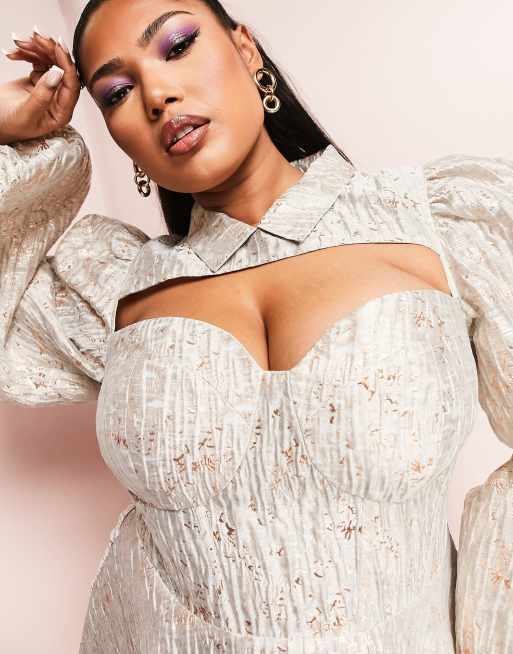 ASOS LUXE Curve – Silverfärgad miniklänning med utskuren detalj i jacuardväv, 2 av 4