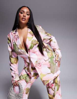 Curve single breasted tailored suit blazer in pink floral print - part of a set