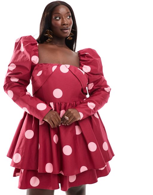 ASOS Luxe Curve - Skater-kjole i minilængde i rød bomuldssatin med struktur og polkaprikker