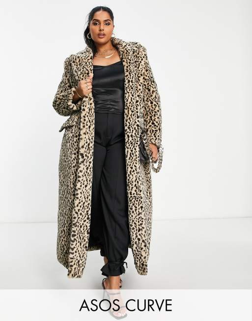 ASOS LUXE Curve - Skræddersyet maxifrakke med leopardprint i imiteret pels