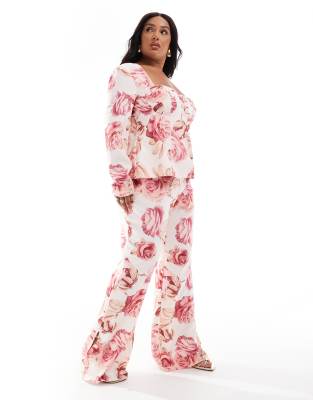 Curve slim fit tailored pants with embellished button detail in rose print-Multi