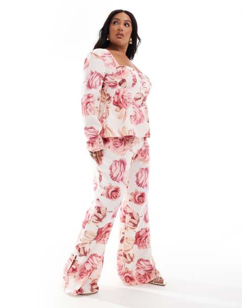 ASOS LUXE Curve slim fit tailored trouser with embellished button detail in rose print - view 1