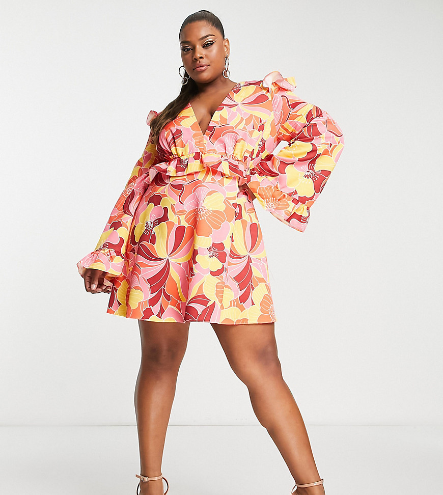ASOS LUXE Curve smock dress in bright floral print-Multi