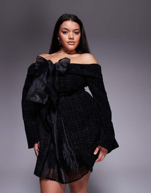ASOS LUXE Curve - Sort bardot-minikjole i bouclé med plisseret nederdel og sløjfe, 3 af 4