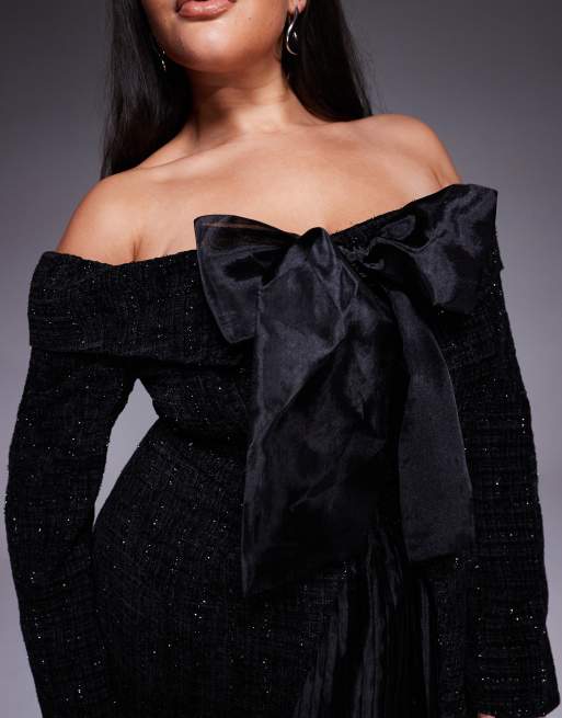 ASOS LUXE Curve - Sort bardot-minikjole i bouclé med plisseret nederdel og sløjfe, 4 af 4