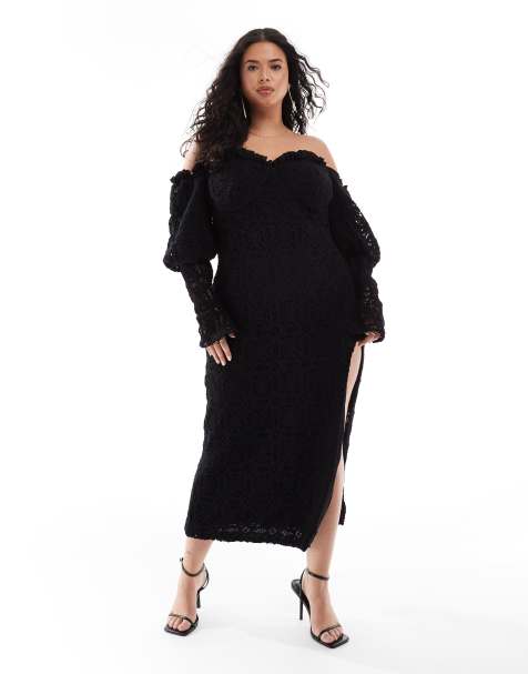 ASOS LUXE Curve - Sort hæklet bardot-midikjole med sløjfe bagpå - view 1