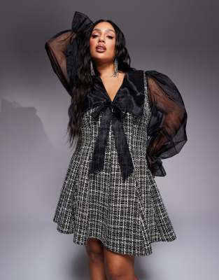ASOS LUXE Curve - Sort kjole i bouclé med glimmer og organza-krave - view 1