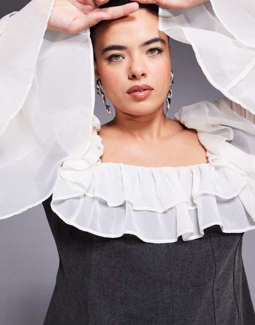 ASOS LUXE Curve - Sort korset-minikjole i denim med chiffonærmer og kant, 4 af 4