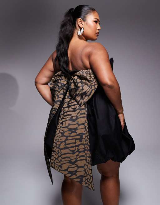 ASOS LUXE Curve - Sort minikjole med struktur og jacquard-sløjfe med leopardprint i bomuldssatin, 3 af 5