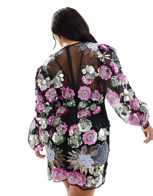 ASOS LUXE Curve - Sort minikjole med V-hals og blomsterudsmykning, 2 af 4