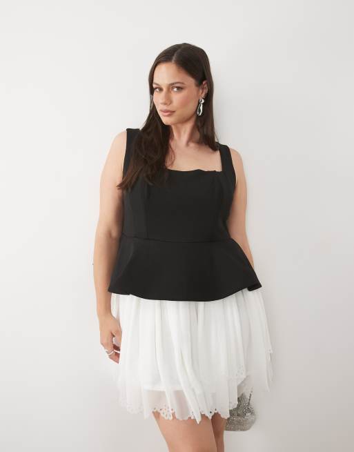 ASOS LUXE Curve - Sort og hvid minikjole med broderet nederdel, 2 af 4