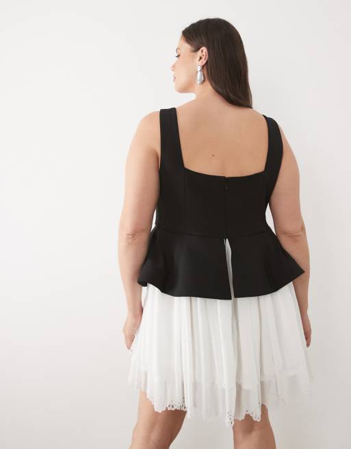 ASOS LUXE Curve - Sort og hvid minikjole med broderet nederdel, 3 af 4
