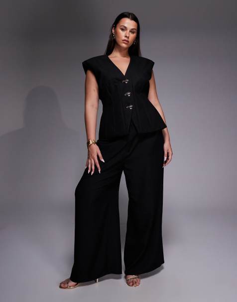 ASOS LUXE Curve - Sort sæt med habitvest med indsyet talje og bukser i hørlook - view 1