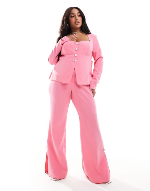 ASOS LUXE - Curve-sæt - Pink skræddersyede bukser med udsmykkede knapper i Slim Fit