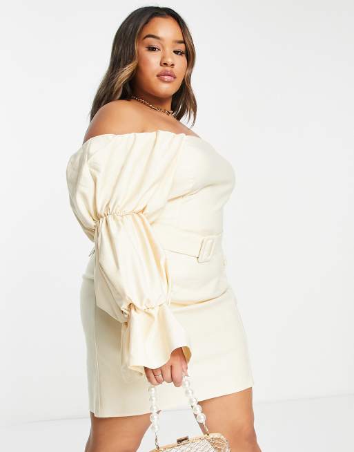 ASOS LUXE Curve stetch linen belted extreme sleeve dress in stone