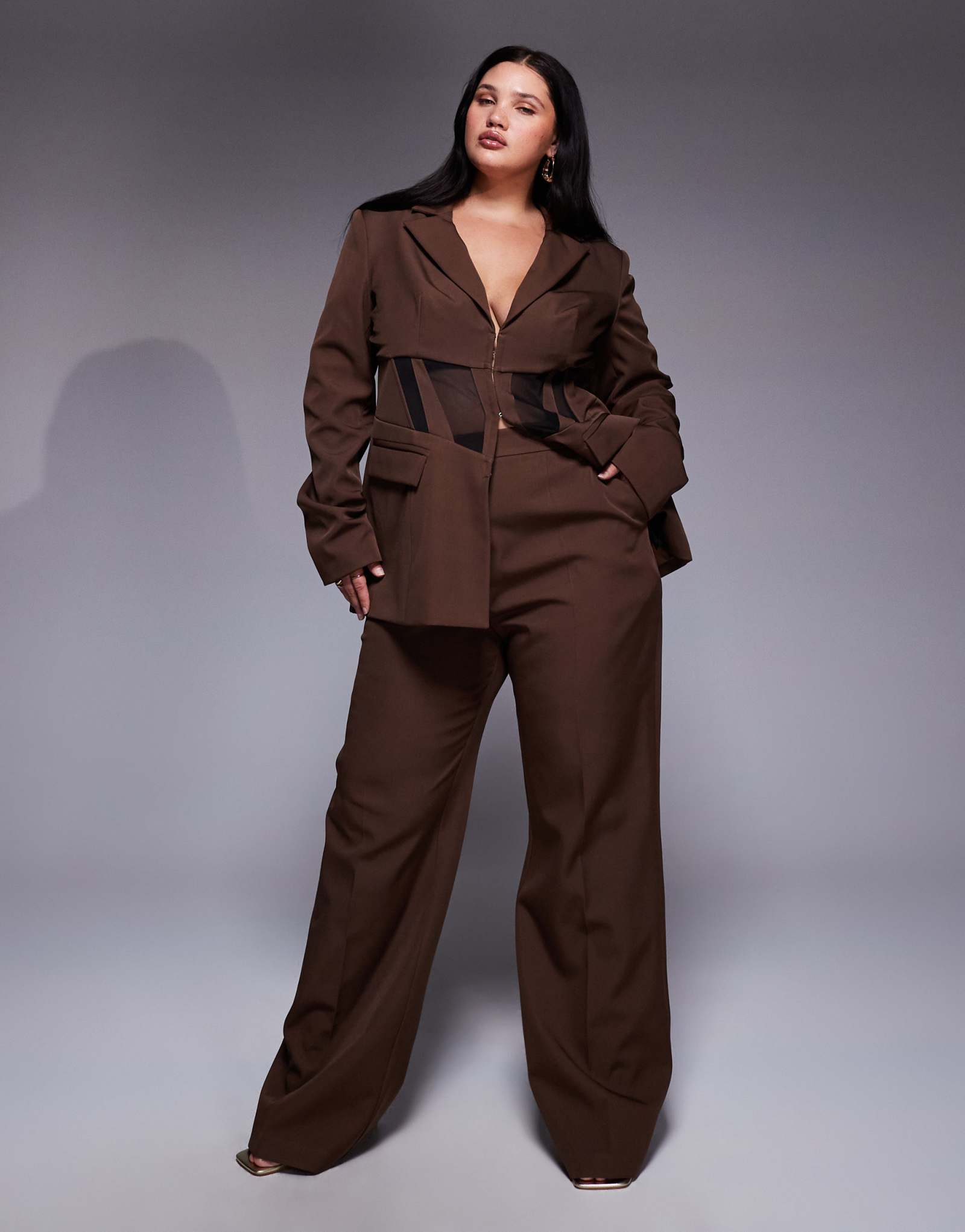 Брюки прямого кроя ASOS LUXE Curve коричневого цвета - часть комплекта