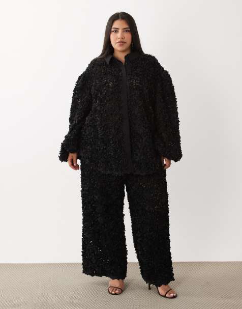 ASOS LUXE Curve – Strandhemd und -hose in Schwarz mit 3D-Blumendesign - view 1