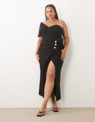 Asos Luxe Curve Structured Draped Midaxi Dress With Faux-pearl Detailing In Black
