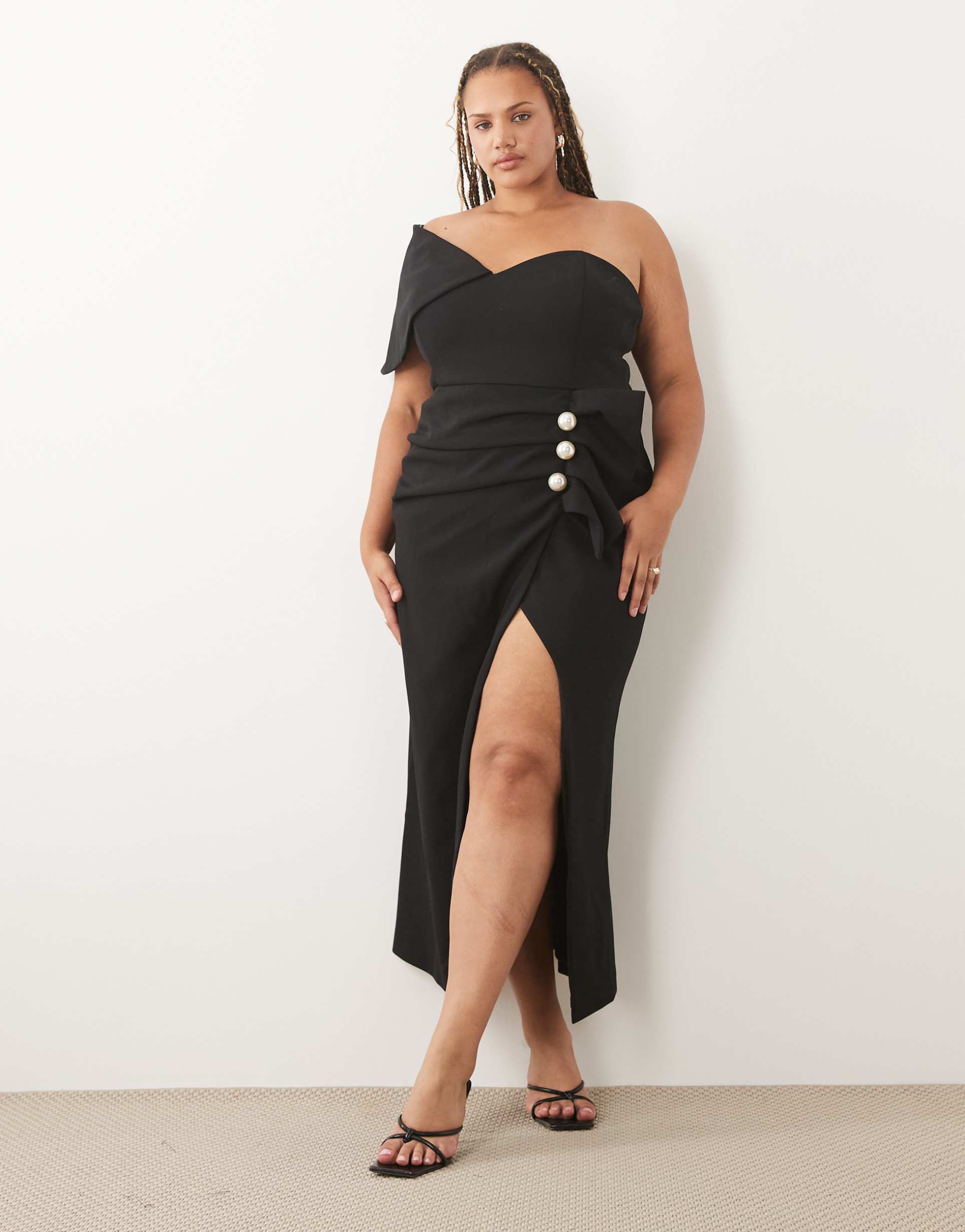 asos luxe curve structured draped midaxi dress with faux-pearl detailing in black
