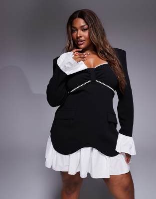 ASOS LUXE Curve structured long sleeve mini dress with pearl trim and pleated skirt in black
