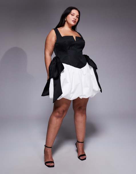 ASOS LUXE Curve bow mini dress with bubble hem in mono - view 1