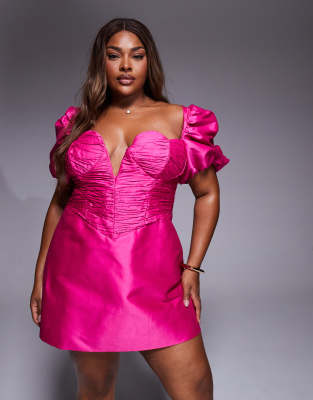 Asos Luxe Curve Structured Satin Sweetheart Mini Dress With Ruched Bodice In Pink