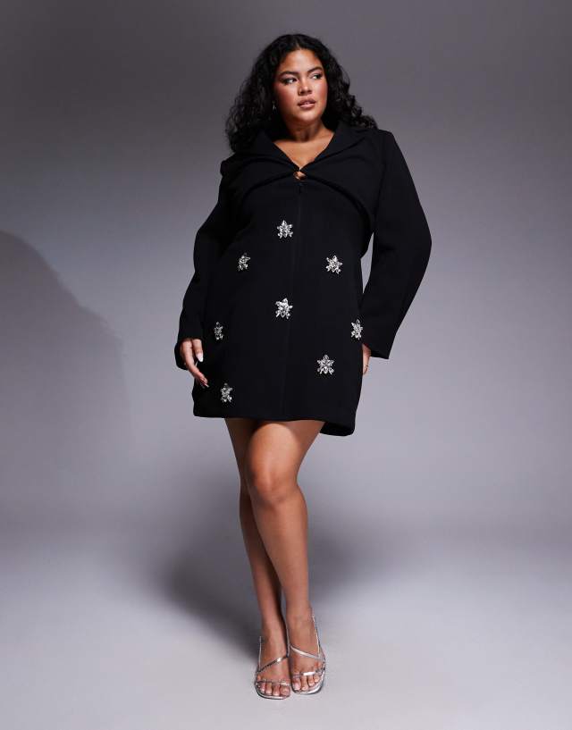 ASOS LUXE Curve Structured Tailored Embellished Long Sleeve Dress in Black