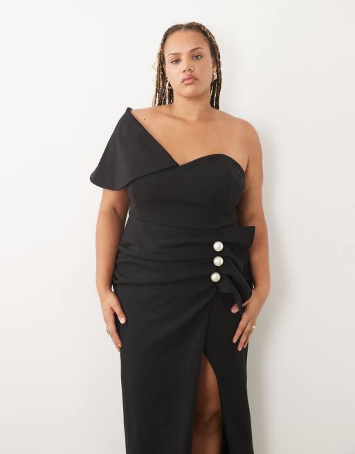 ASOS LUXE Curve strukturalna sukienka midi z drapowaniem i perłowym detalem w czerni, 2 z 4