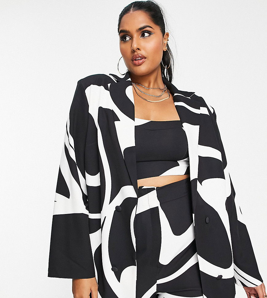 ASOS LUXE Curve suit jacket in black & white swirl print - part of a set