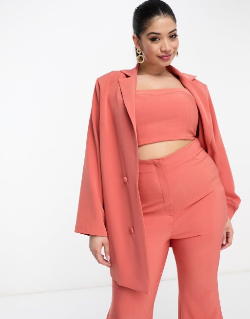 ASOS LUXE Curve suit jacket, bralette and pants set in cinnamon