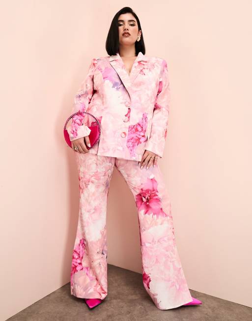 ASOS LUXE Curve suit pants in pink floral print - part of a set