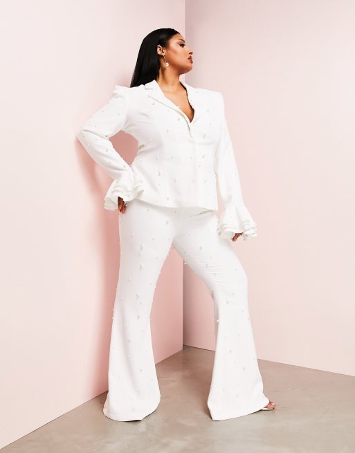 ASOS Edition Curve Premium Textured Jersey Pants in cream-White