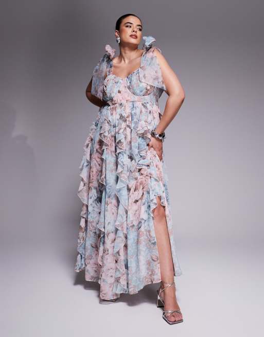 ASOS Luxe Curve – Sukienka maxi z falbankami i wiązanymi ramiączkami z koronki w kwiatowy wzór