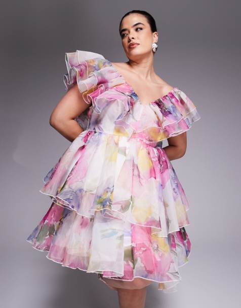 ASOS Luxe Curve – Sukienka mini w stylu babydoll z falbanką z organzy w rozmyty kwiatowy wzór - view 1