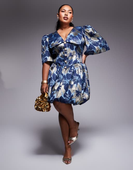 ASOS Luxe Curve – Sukienka mini z bufkami w niebiesko-złoty żakardowy kwiatowy wzór ze zdobionymi guzikami