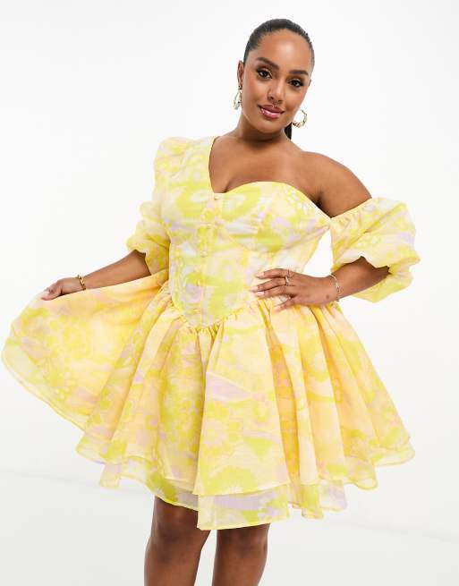 ASOS LUXE Curve – Sukienka na jedno ramię z gorsetową wstawką i bufkami w kwiatowy wzór