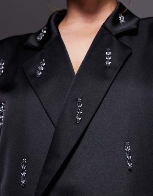 ASOS LUXE Curve – Svart kavajklänning i oversize med pärlprydda fransar, 3 av 4