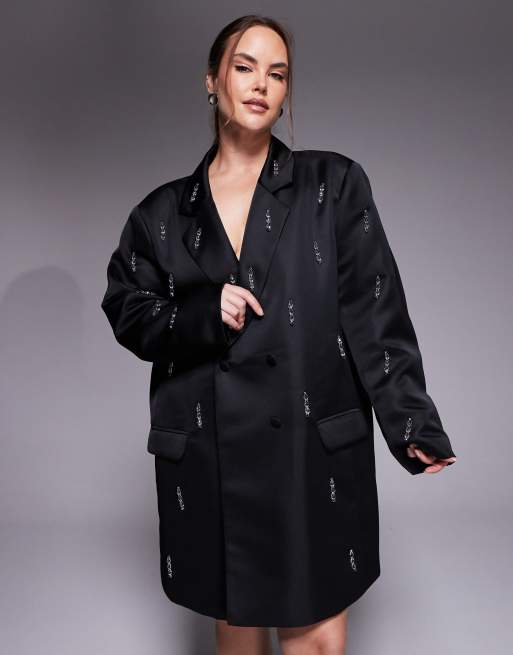 ASOS LUXE Curve – Svart kavajklänning i oversize med pärlprydda fransar, 4 av 4