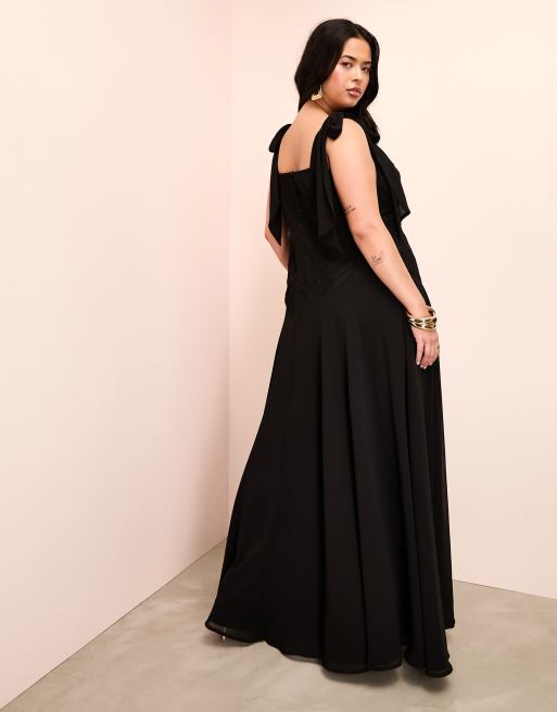 ASOS LUXE Curve – Svart maxiklänning i chiffong med knytbara axelband, 4 av 4