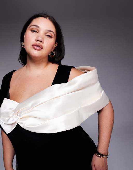 ASOS LUXE Curve – Svart miniklänning i sammet med strukturerad drapering i satin, 4 av 4