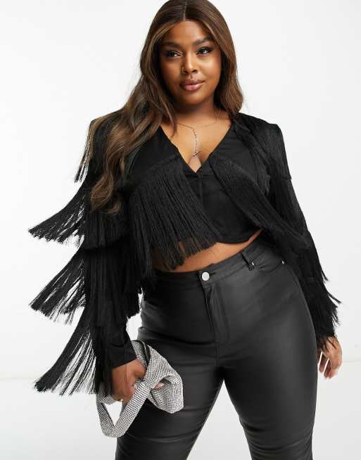 ASOS LUXE Curve – Svart topp med axelvaddar och fransar