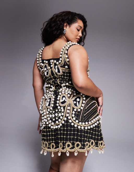 ASOS LUXE Curve – Svart, utsmyckad miniklänning med fyrkantig ringning, 2 av 4