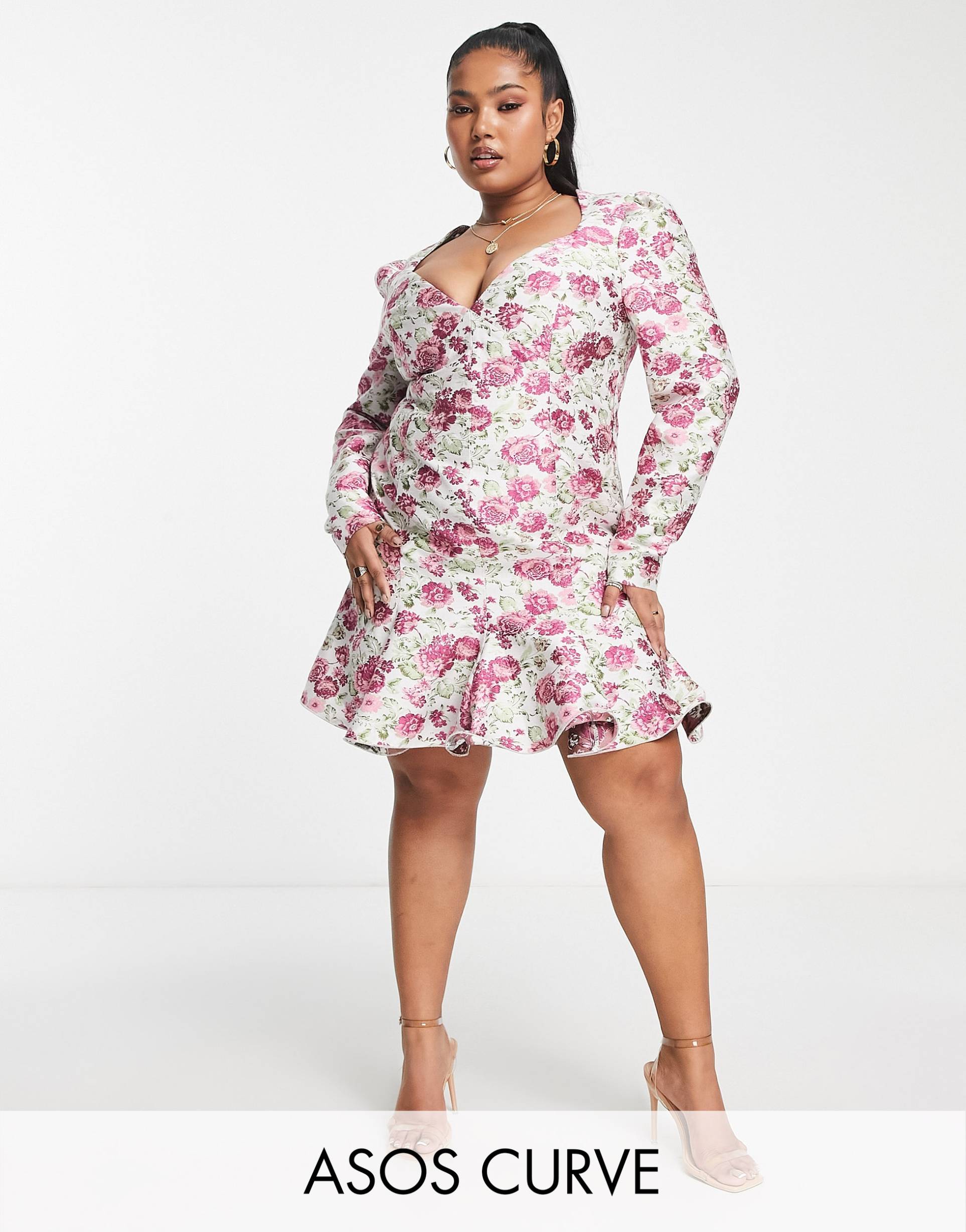 asos luxe curve sweetheart neck mini dress with long sleeves in floral jacquard