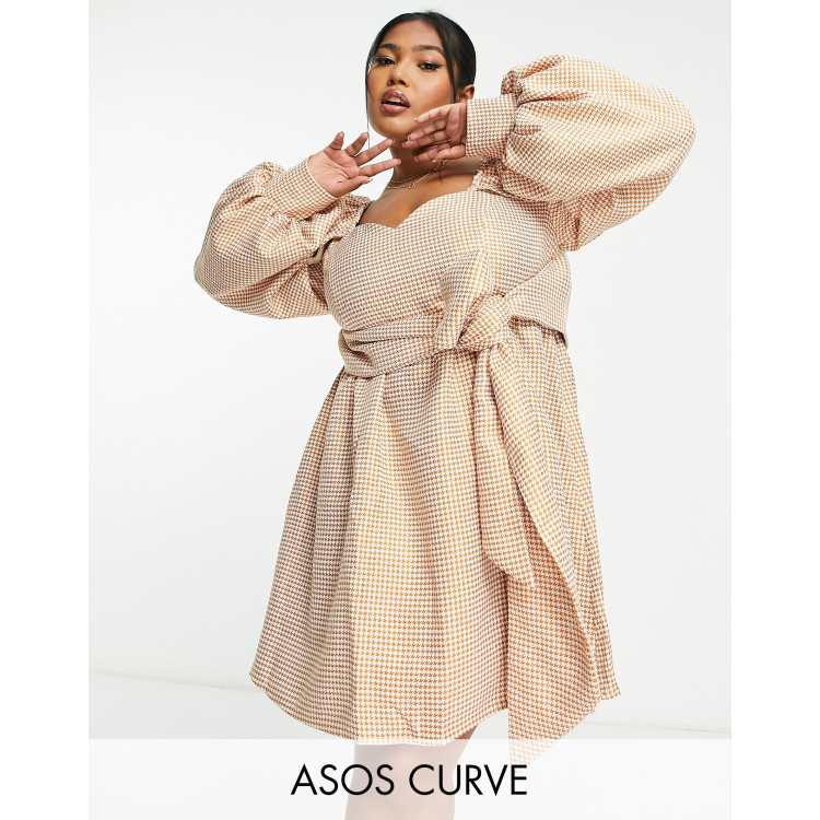 ASOS LUXE Curve sweetheart neck puff sleeve mini smock dress in orange  check jacquard