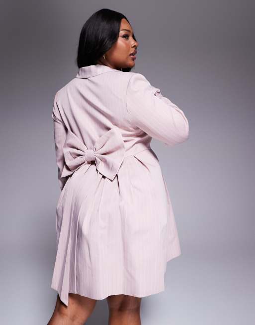 ASOS LUXE Curve tailored blazer dress with bow back in pink pinstripes