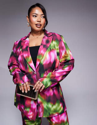 Curve tailored blazer in dark blurred floral print - part of a set-Purple