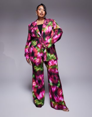 Curve tailored pants in dark blurred floral print - part of a set-Purple