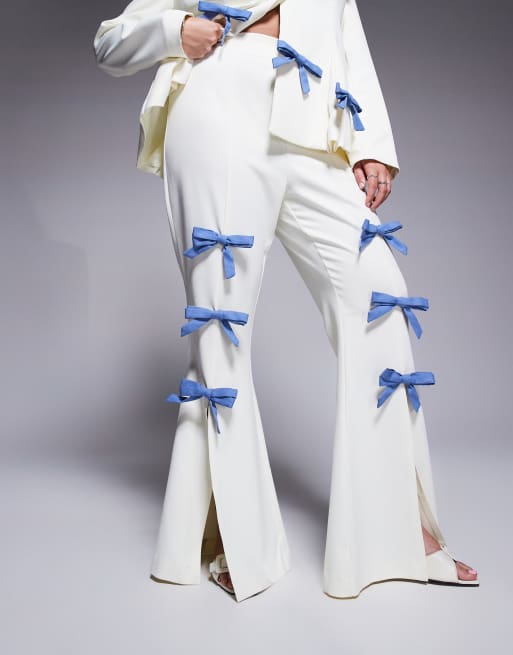 ASOS LUXE Curve tailored pants with denim bows in cream - part of a set, 4 of 5