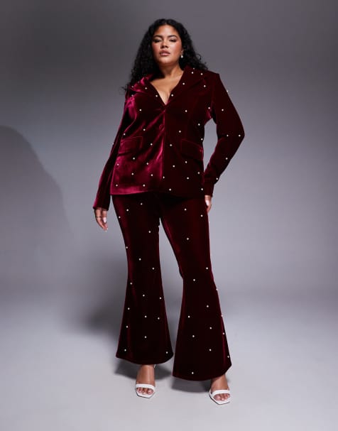 ASOS LUXE Curve tailored pants with pearl embellishment in burgundy - part of a set - view 1