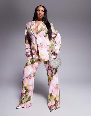 Curve tailored suit pants in pink floral print - part of a set